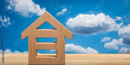 Wooden house with shining sky background. Concept of savings and goal to buy house and apartment. Sacrifice for home. Ecological house. AI generative.