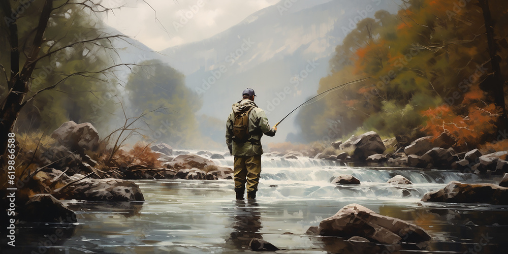 Fly fisherman on the river in the wilderness. Generative AI illustration