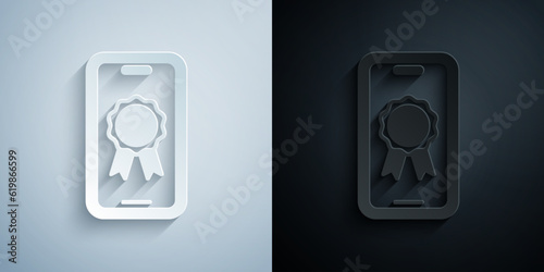 Paper cut Online education with diploma icon isolated on grey and black background. Diploma online at home. Webinar and video seminar learning. Paper art style. Vector