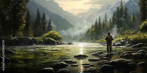 Fly fisherman on the river in the wilderness. Generative AI illustration photo