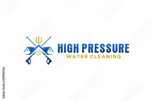Water presure jet cleaner logo design service house roof property icon symbol trident spear element
