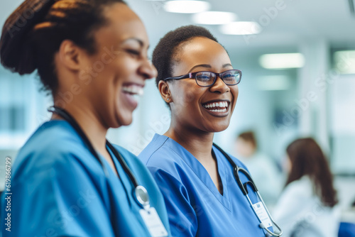 Candid shot of two nurses laughing and talking in a hospital, showcasing positivity and collegiality. Generative AI photo