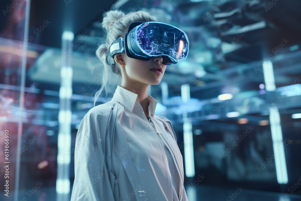 Generative ai scientist in lab coat and virtual reality VR goggle using augmented reality Generative ai scientist in lab coat and virtual reality VR goggle using augmented reality