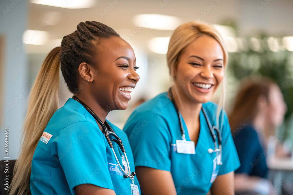 Candid shot of two nurses laughing and talking in a hospital, showcasing positivity and collegiality. Generative AI Candid shot of two nurses laughing and talking in a hospital, showcasing positivity and collegiality. Generative AI