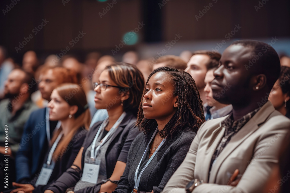 Obraz premium Diverse engaged conference attendees attentively listening to captivating speaker. Generative AI
