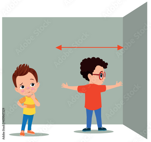 cute little boy measure length using hand span