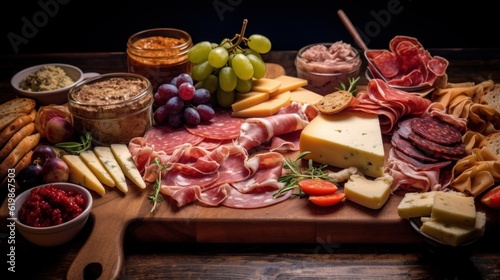 Affettati Misti with various cured meats, cheeses, and olives on a wooden board