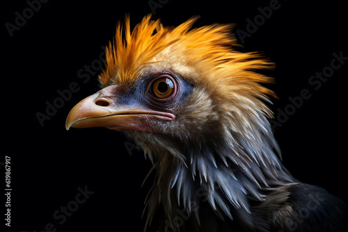 Generative ai photo of beautiful yellow head bird looking predator search for food prey on black color background