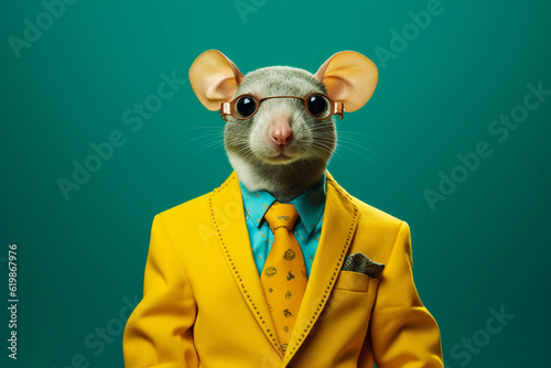 Creative artwork generative ai collage of elegant fashionable manager in yellow tux tuxedo with mouse head photo