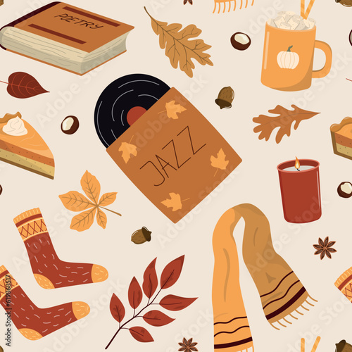 Cozy autumn style seamless pattern. Warm drink, pie with cream, music record, poetry book, knitted socks, wool scarf, candle. Autumn wallpaper on beige background