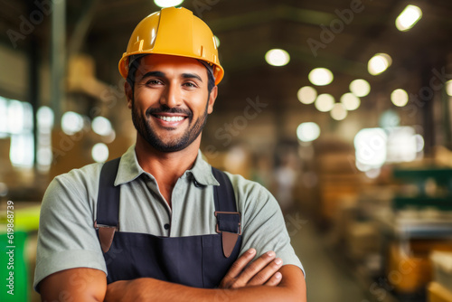 Candid shot of confident Hispanic male factory worker with arms crossed, industrial construction industry and manufacturing. Generative AI