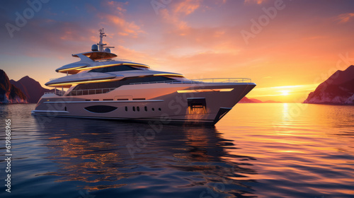 Luxury motor yacht with sunrise over the ocean