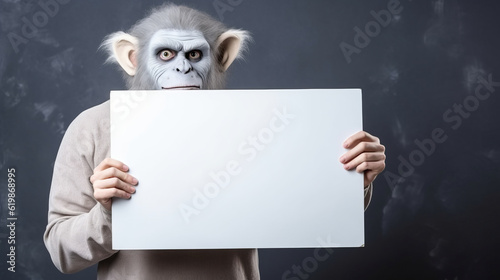 People disguised in troll holding an empty blank board between hands