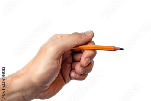 Right hand holding a colored pencil on transparent background with copy space. AI