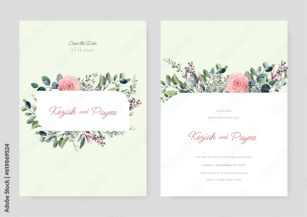 Wedding floral golden invitation card save the date design with green tropical leaf Wedding floral golden invitation card save the date design with green tropical leaf