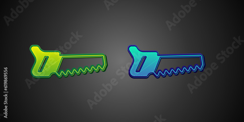 Green and blue Hand saw icon isolated on black background. Vector