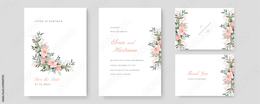 Watercolor wedding invitation template with arrangement flower and leaves Watercolor wedding invitation template with arrangement flower and leaves