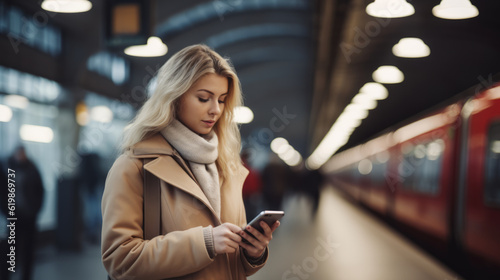 A Young woman standing on the platform of a train station consulting the mobile phone