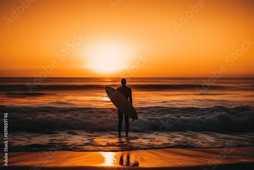 Photo surfer watching the sea holding surfboard in silhouette style. sunset and sunrise of the sea beach photography