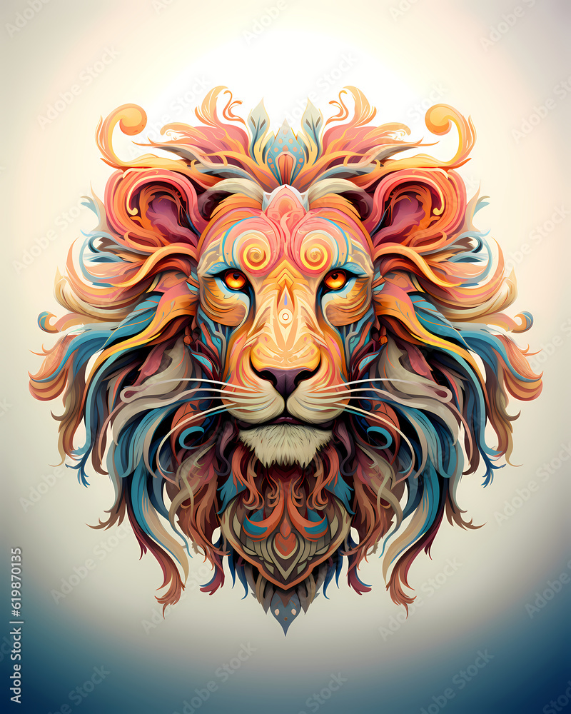 Illustration of a colorful lion, artistic ornemental design in pop colors - Inspiring animals theme