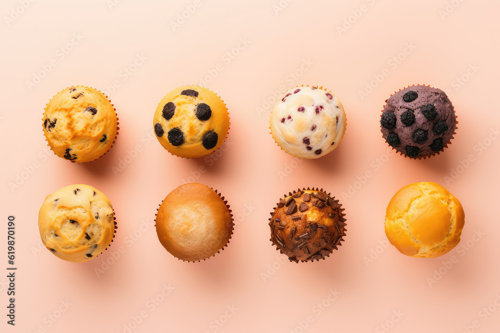 Top view of the delicious biscuit muffins. Assortment of simple cupcakes without cream isolated on a pastel light flat beige background with copy space. Generative AI.