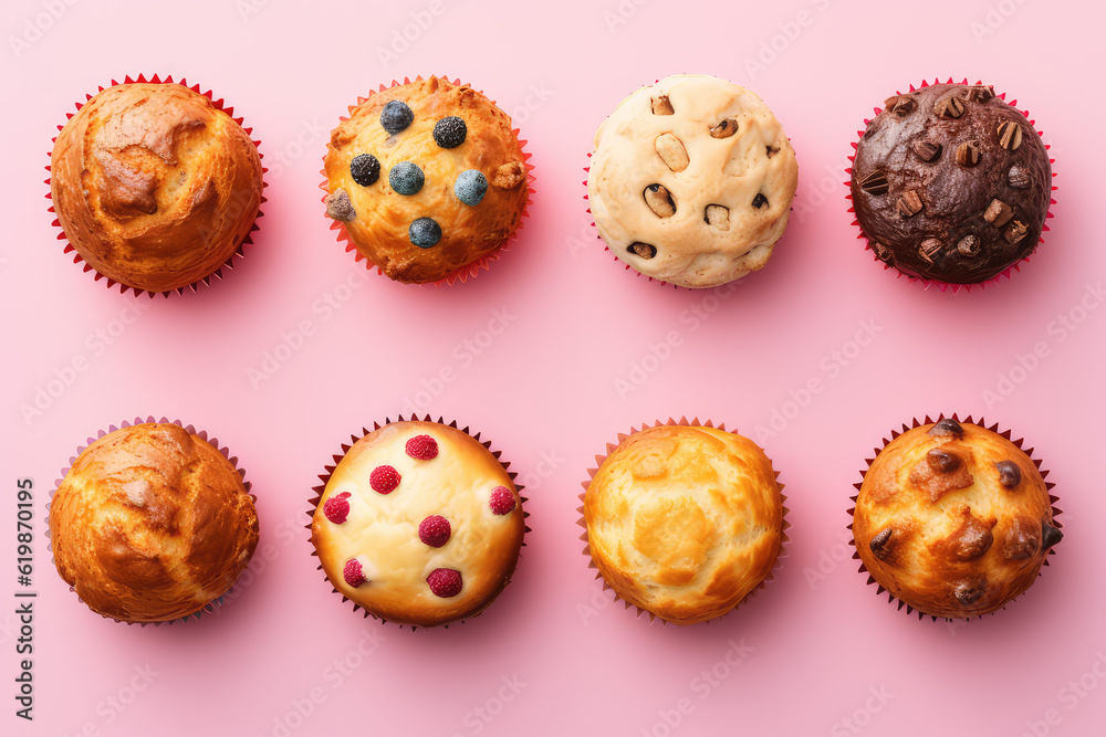Top view of the delicious biscuit muffins. Assortment of simple cupcakes without cream isolated on a pastel light flat pink background with copy space. Generative AI. Top view of the delicious biscuit muffins. Assortment of simple cupcakes without cream isolated on a pastel light flat pink background with copy space. Generative AI.