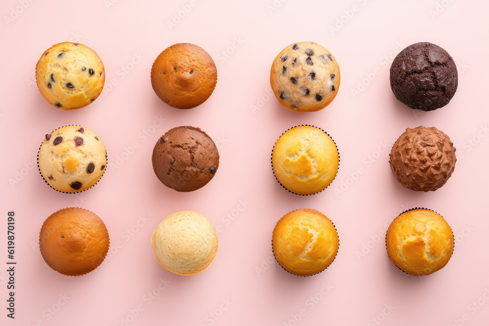 Top view of the delicious biscuit muffins. Assortment of simple cupcakes without cream isolated on a pastel light flat pink background with copy space. Generative AI. Top view of the delicious biscuit muffins. Assortment of simple cupcakes without cream isolated on a pastel light flat pink background with copy space. Generative AI.