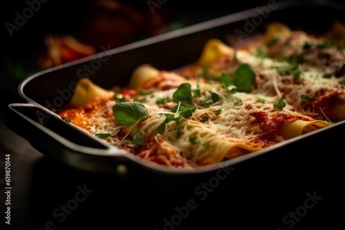 Cannelloni al Forno right out of the oven in a deep-dish baking tray photo