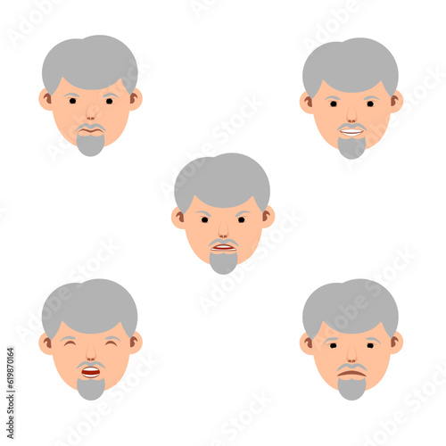 Set of old men face icons. cartoon character avatar with 5 emotions.Vector illustration