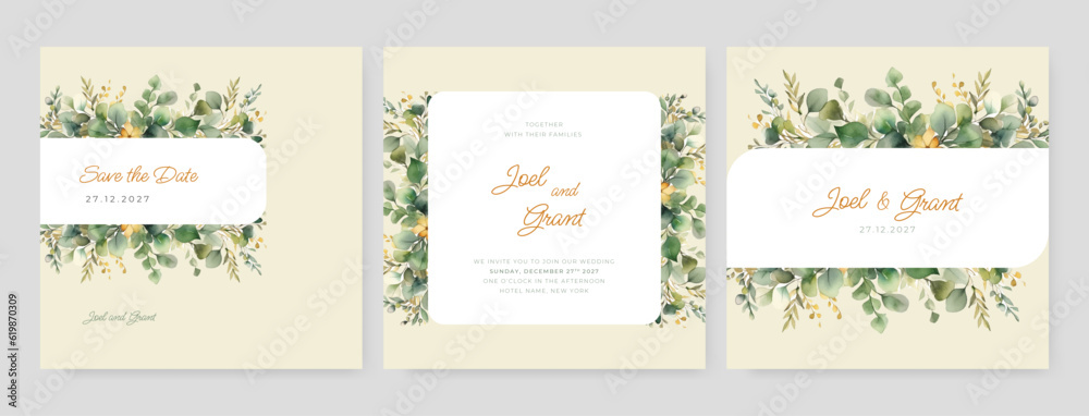 Wedding floral golden invitation card save the date design with green tropical leaf