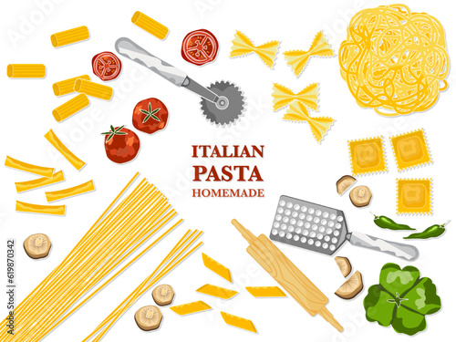 Homemade Italian Pasta Ingredients Spaghetti, ravioli, and vegetable background, food design template. white background vector illustration.