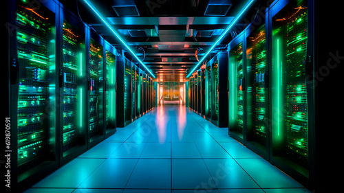 Immense supercomputing power room a gigantic server of internet. Generative AI