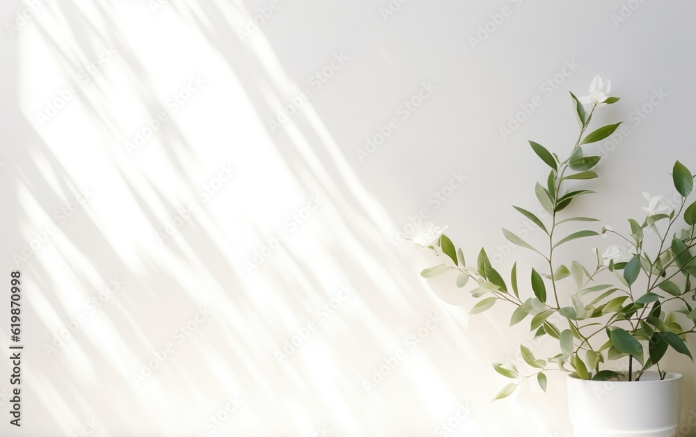 Closeup green plant leaves in white ceramic vase on blurred white wall, sunlight and foliages leaves shadow. Minimal abstract background for cosmetic, skincare, beauty product display. Closeup green plant leaves in white ceramic vase on blurred white wall, sunlight and foliages leaves shadow. Minimal abstract background for cosmetic, skincare, beauty product display.