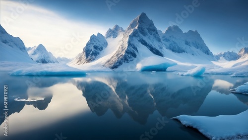 Ice lake with mountains in the background, global warming, generative AI