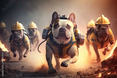 French Bulldog dog breed dressed in a firefighter uniform ready for rescue missions. Generative AI