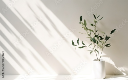 Green plant leaves in white ceramic vase on blurred white wall, sunlight and long shadow, Minimal abstract background for cosmetic, skincare, beauty product display.