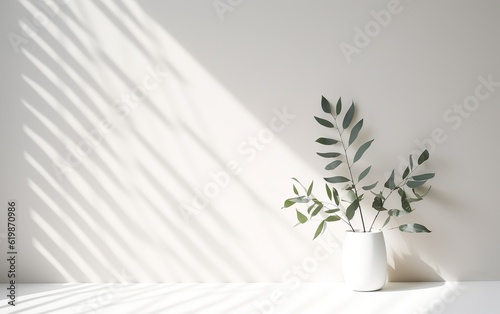 Green plant leaves in white ceramic vase on blurred white wall, sunlight and long shadow, for cosmetic, skincare, beauty product presentation display.