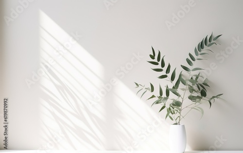 Closeup green plant leaves in white ceramic vase on blurred white wall, sunlight and long shadow, for cosmetic, skincare, beauty product presentation display.