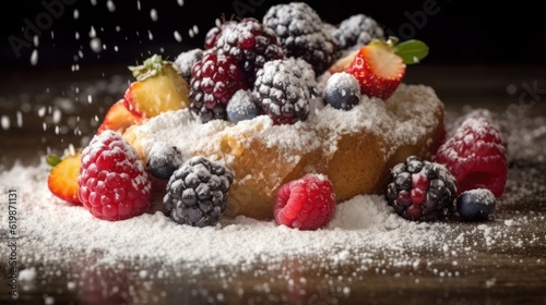 pasticciotto beautifully arranged with fresh berries and a dusting of powdered sugar on a rustic table