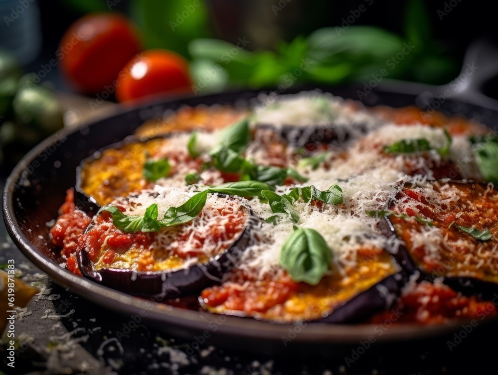 Melanzane alla Parmigiana garnished with basil leaves and freshly grated parmesan cheese on a dining table Melanzane alla Parmigiana garnished with basil leaves and freshly grated parmesan cheese on a dining table