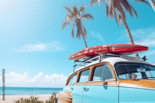 Vintage car parked by the beach with surfboard on the roof rack. Vacation concept. Copy space. By Generative AI. © Teerapong