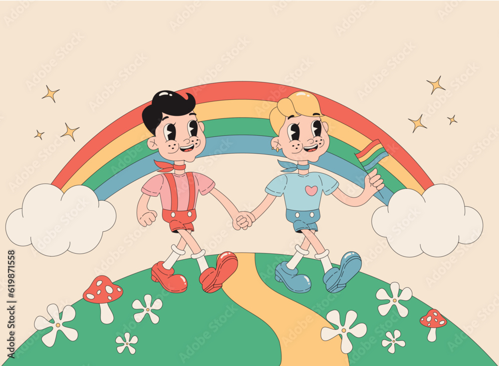Two boys walking and holding hands with lgbt rainbow flag against ...