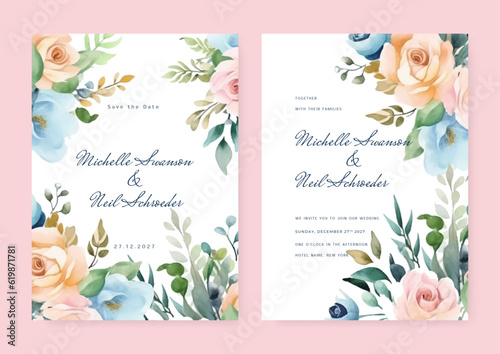 Vintage Wedding invitation template with Flower. Wedding Invitation with Save the Date, RSVP, Thank You Card.