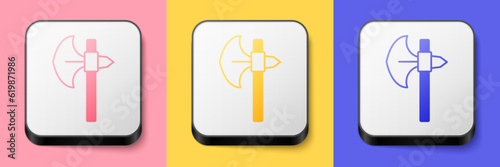 Isometric Medieval axe icon isolated on pink, yellow and blue background. Battle axe, executioner axe. Medieval weapon. Square button. Vector