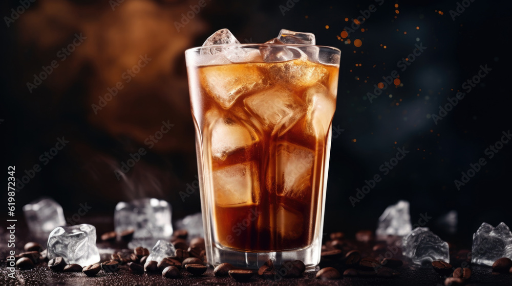 A vibrant depiction of an iced coffee, showcasing its rich brown hue and the glistening ice cubes, AI generated A vibrant depiction of an iced coffee, showcasing its rich brown hue and the glistening ice cubes, AI generated