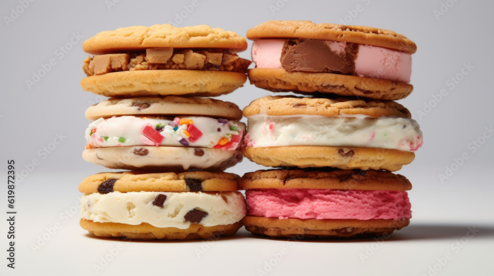 A mouthwatering stack of ice cream sandwiches, showcasing an array of flavors and colors, ready to be enjoyed on a sunny day or as a sweet indulgence during any season. AI generated