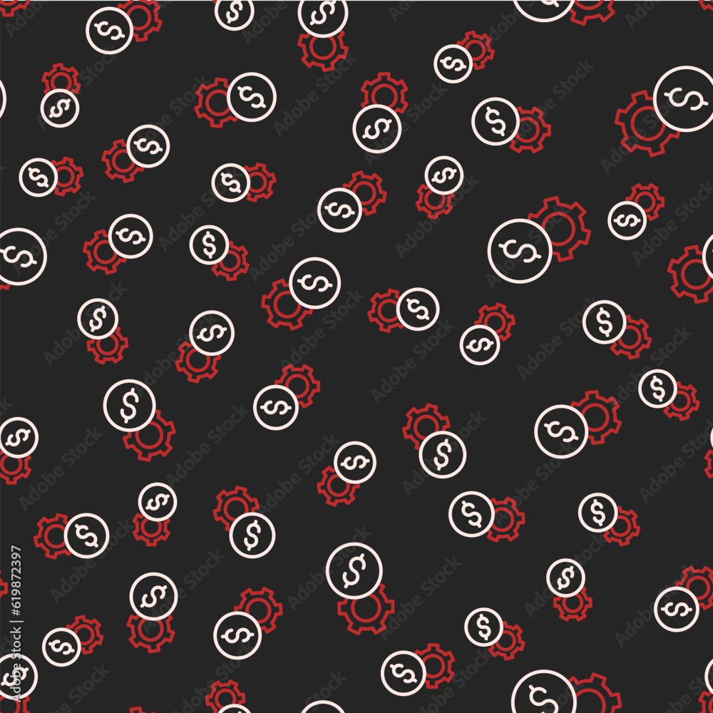 Line Gear with dollar symbol icon isolated seamless pattern on black background. Business and finance conceptual icon. Vector