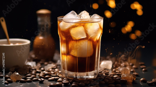 A captivating image of an iced coffee, with a frosty glass and a swirl of condensation, inviting you to sip on the coolness and invigorating flavors of this refreshing summer drink. AI generated