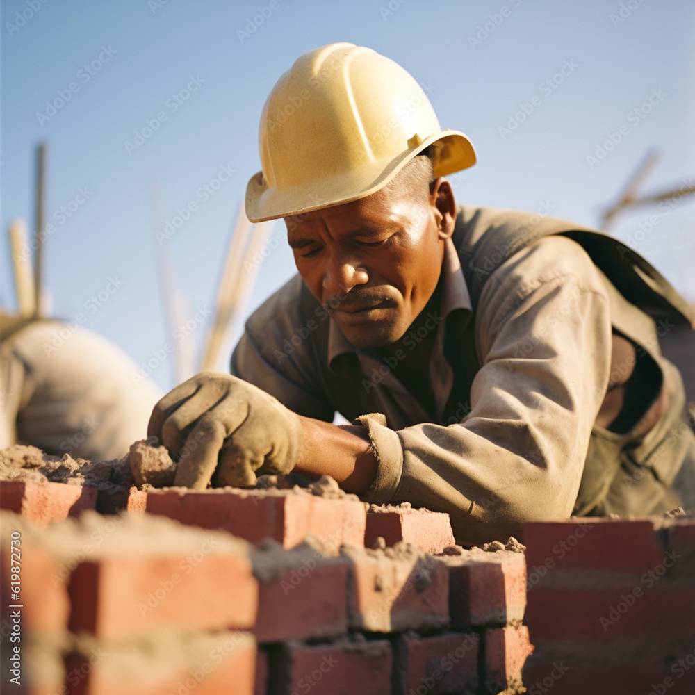 Construction workers are working laying out the bricks erecting the walls. Construction workers are working laying out the bricks erecting the walls.