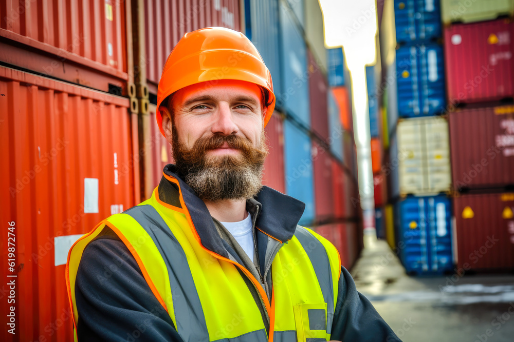 Male logistics coordinator managing harbor operations, surrounded by shipping containers, Generative AI Male logistics coordinator managing harbor operations, surrounded by shipping containers, Generative AI